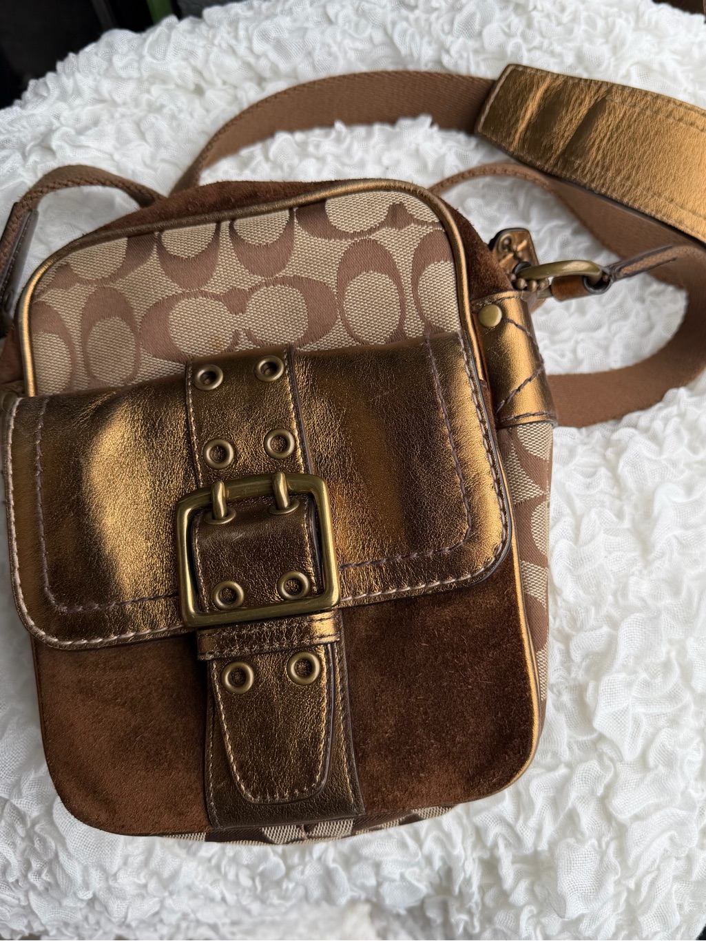 Coach Metallic Bronze Leather/Suede Signature Mini Crossbody